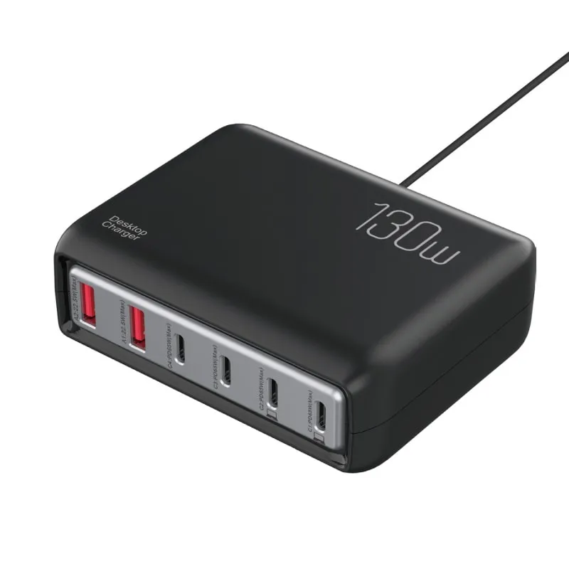 130W PD3.0 GaN Multi-port USB-C/USB-A Hurtig Oplader. 6 Porte. Sort