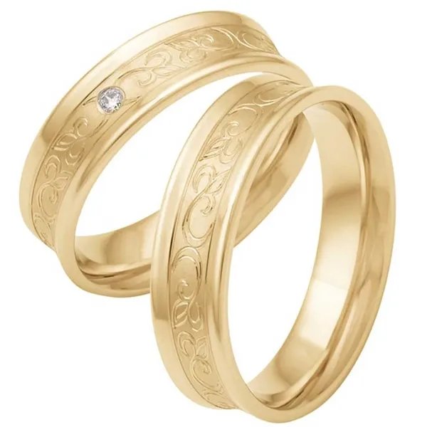 Vielsesringe i 9 kt. Guld med Diamant og Graveret Bladranker  -  0,03 ct.