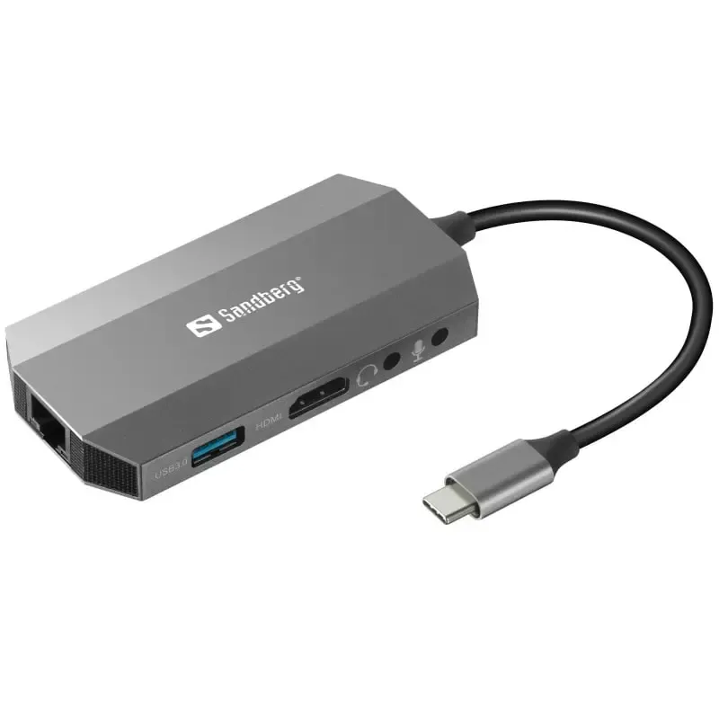 Sandberg USB-C 6 i 1 Travel Dock. Fed USB Hub i Aluminium.
