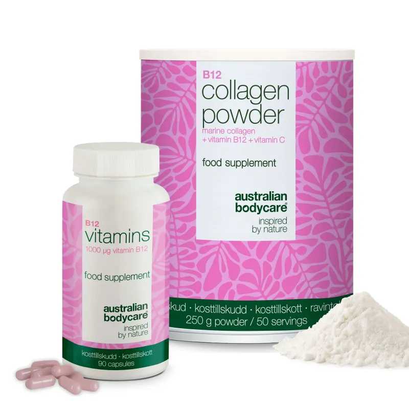 Kollagen & Vitamin B12 Bundle  -  250 g Kollagenpulver + 90 B12 Kapsler â Daglig rutine med marint kollagen, C-vitamin til normal kollagendannelse i huden og højdosis Vitamin B12 (1000 Âµg).