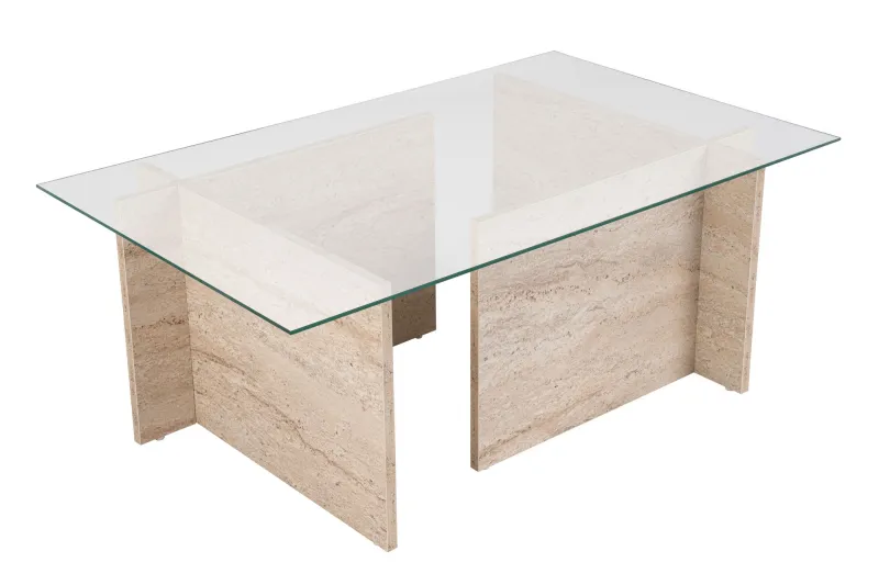 NORDVÄRK Vetrino sofabord, rektangulær - glas og travertin melamin (105x65)