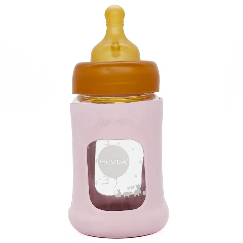 Hevea Baby Sutteflaske I Glas Med Cover Powder pink  (150 ml)