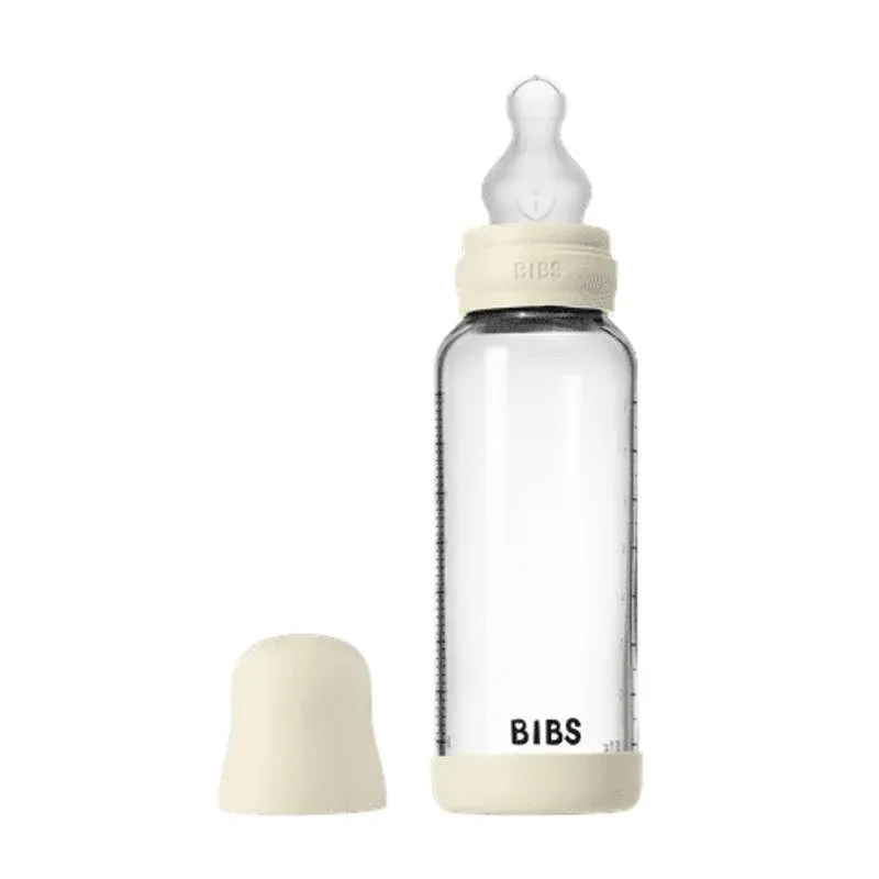 BIBS Bottle - Sutteflaskesæt - Glas - Silikone/Medium Flow/Rund - 240ml - Ivory