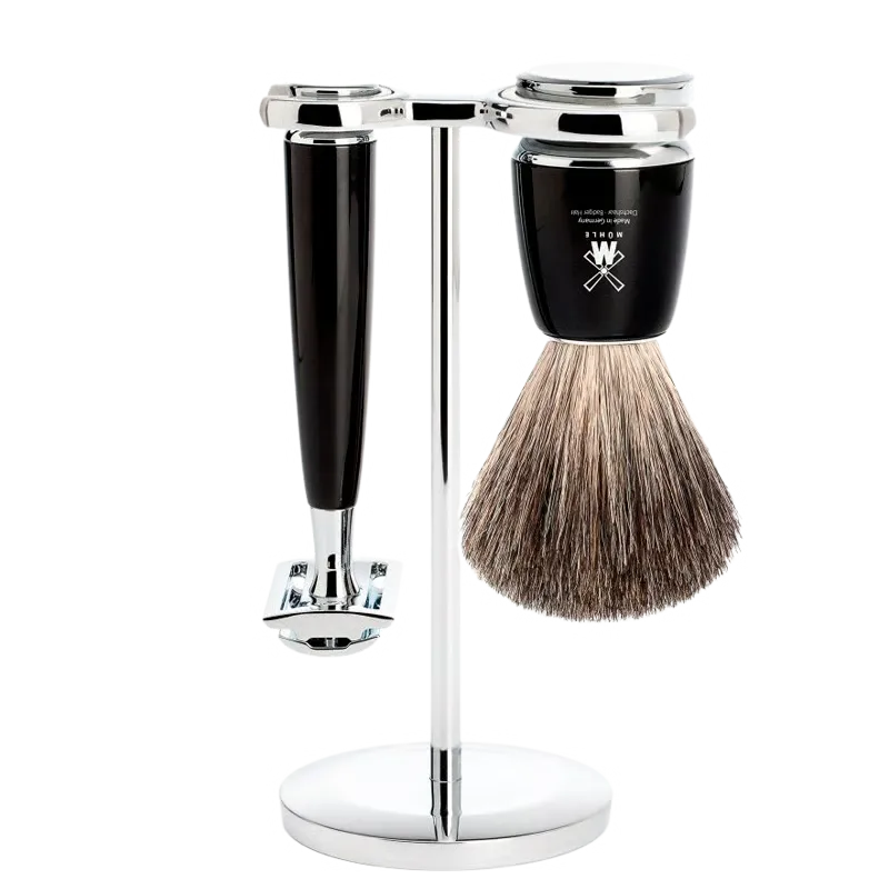 Mühle Barbersæt: DE-Skraber, Pure Badger Barberkost og Holder, Rytmo, Sort Resin (1 sæt)