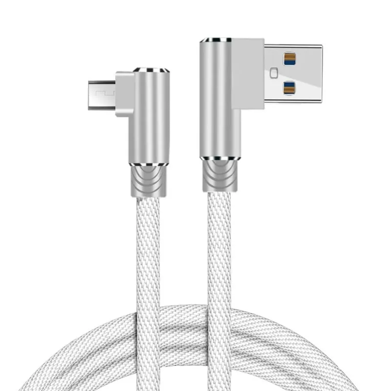 Flettet Micro-USB opladerkabel til USB-A. Han-Han. Vinklet. 3 meter. Hvid.