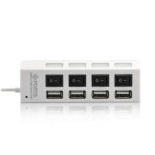Hvid 4-Ports USB 2.0 Hi-Speed Hub. Med On/Off knapper.