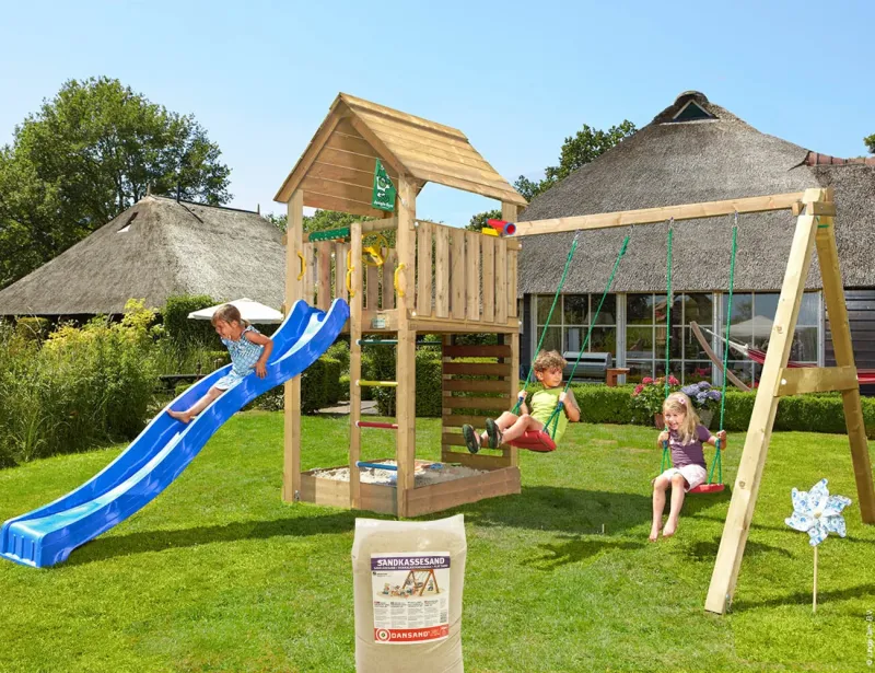 Jungle Gym - Legetårn Cabin 2.1 m/2-Swing Module 220, blå rutsjebane og 120 kg sand