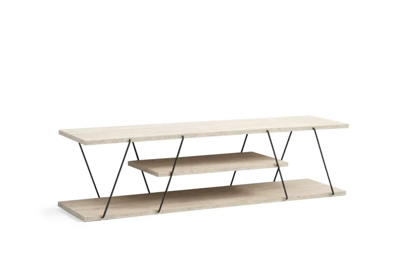 NORDVÄRK Canaz TV-bord, m. 2 hylder - hvid travertin melamin og sort metal (120x30)
