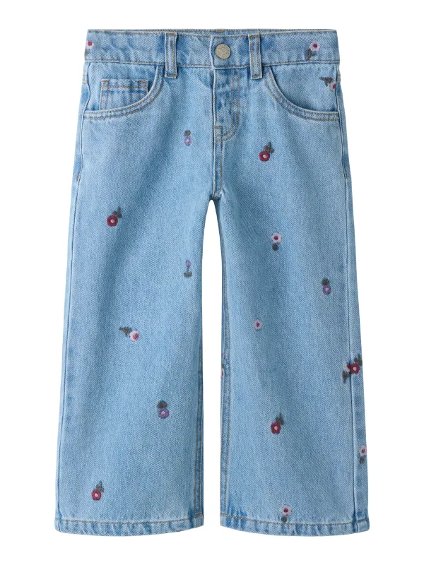Name It Rose - Wide Emb Jeans - Medium Blue Denim / Flower Emb - 92 cm