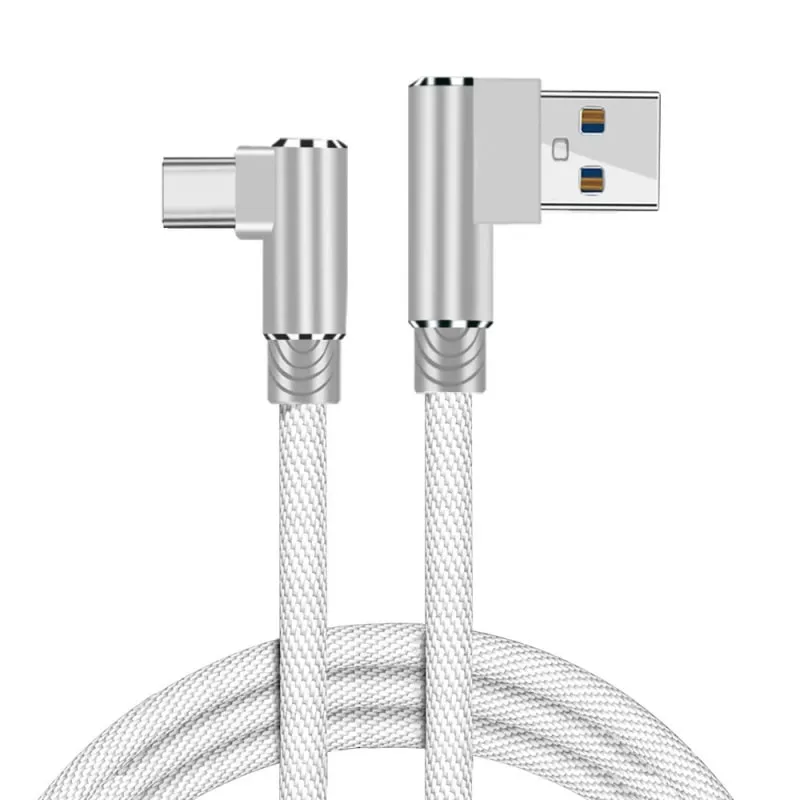 USB-C til USB-A Kabel  -  Flettet, Begge Stik Vinklet 90°, 3m (Hvid)
