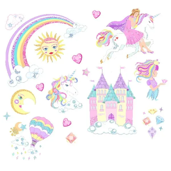 Glitter wallsticker med prinsesser, enhjørninger, regnbue mm.