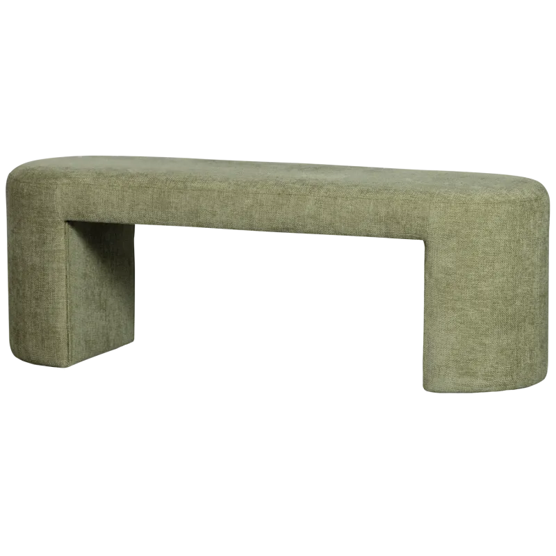 WOOOD Jacob bænk, oval - olivengrøn chenille stof (130x46)