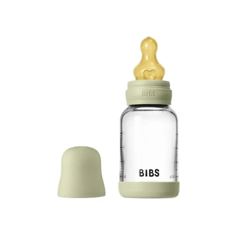 BIBS Bottle - Sutteflaskesæt - Glas - Naturgummi/Slow Flow/Rund - 120ml - Sage