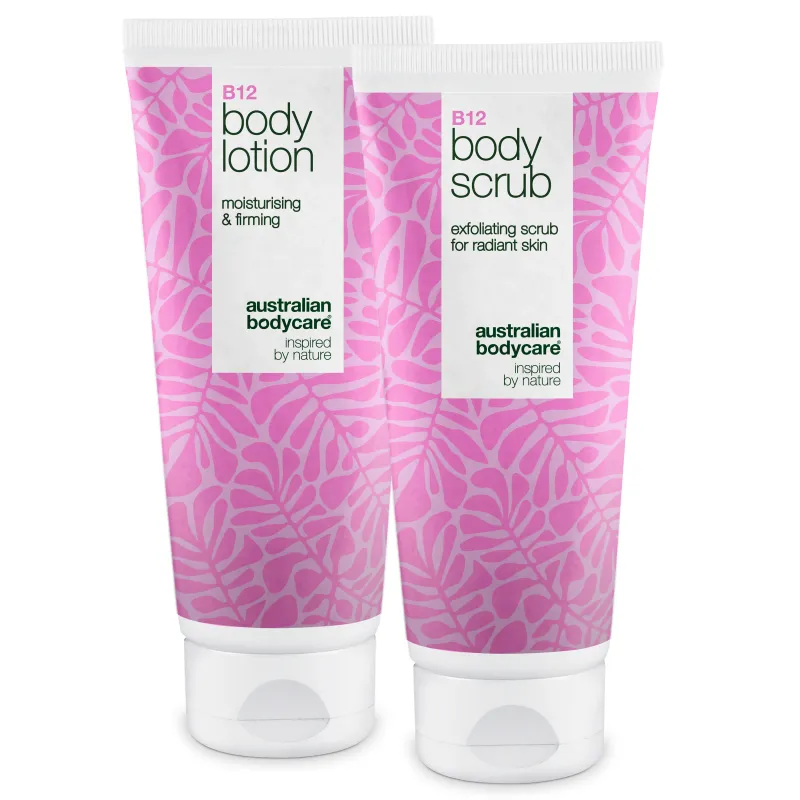 B12 hudplejesæt til tør hud  -  Eksfoliering & dybdevirkende fugtpleje â Fugtgivende B12 Body Scrub & Lotion til tør og sensitiv hud.