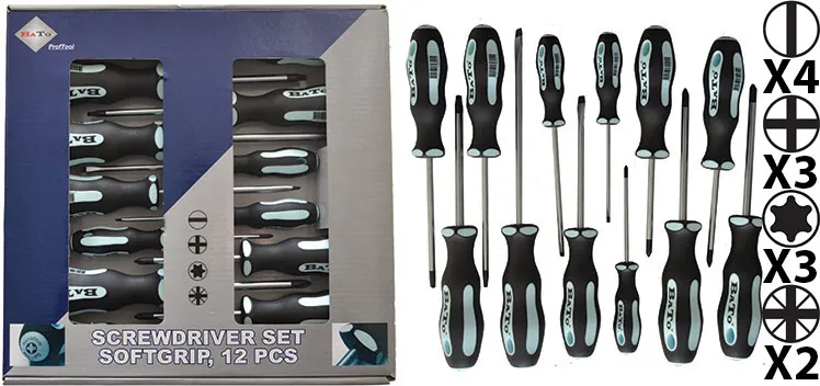 BATO Skruetrækkersæt kærv/Torx/Ph/Pz 12 dele.