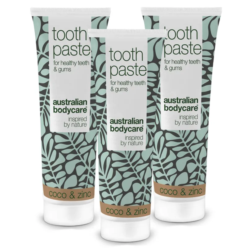 3 stk. Tea Tree Oil Tandpasta Kokos & Zink  â Til daglig pleje ved paradentose, svamp og tandkødsbetændelse