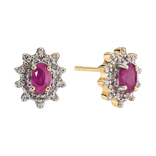 Guld Ørestikker14 kt.  med Roset af Rubin og Diamanter - 0,16 ct.