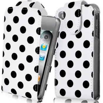 Dots Leather case (store) med magnet flip til iPhone 4/4S. Hvid.