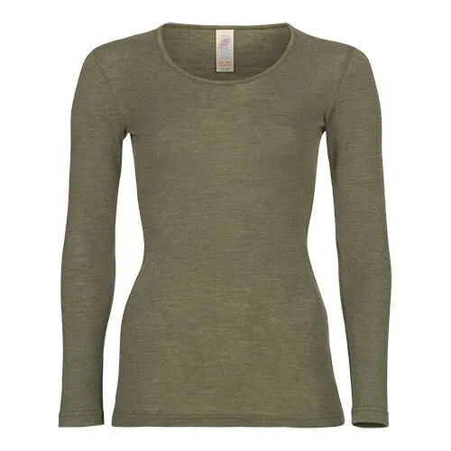 Langærmet bluse, uld/silke, Olive, str. 34/36