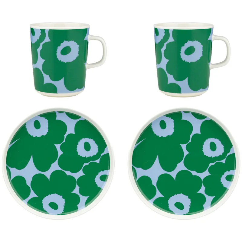 Marimekko Unikko morgenmadssæt 4 dele, hvid/grøn/lyseblå