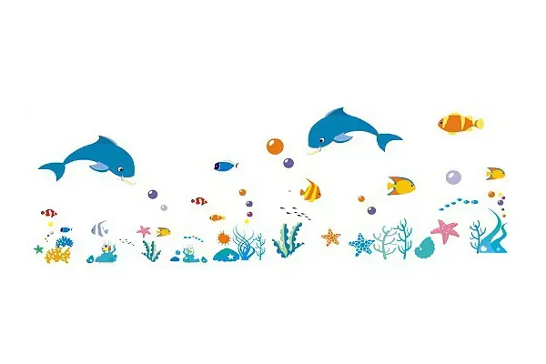 Sød wallsticker med masser af akvariefisk. 120x40cm.