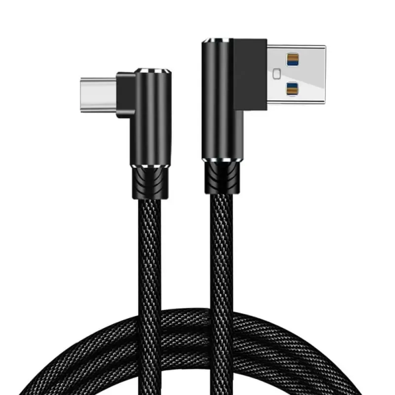 USB-C til USB-A Kabel  -  Flettet, Begge Stik Vinklet 90°, 3m (Sort)
