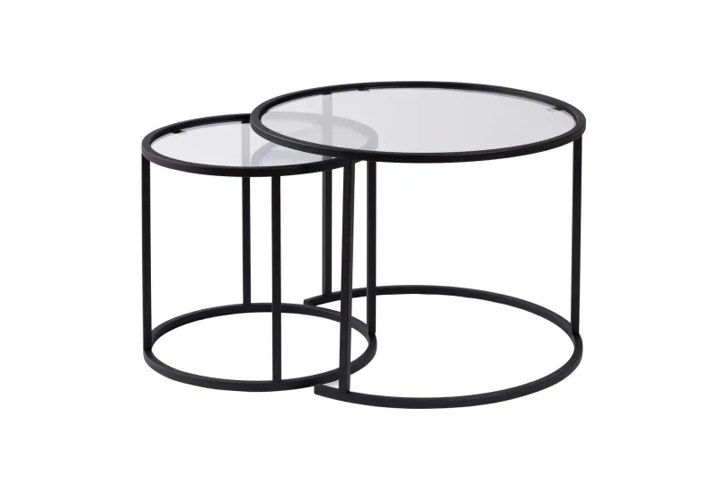NORDVÄRK Aurum sofabordssæt, rund - klar glas og sort metal (Ø60, Ø42) (Sæt med 2)