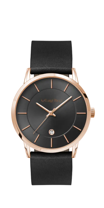 Luigi Ricci Roma Classica - Sort unisex ur med rosa guld og læder rem