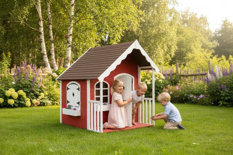 Nordic Play  - Legehus med veranda rød/hvid