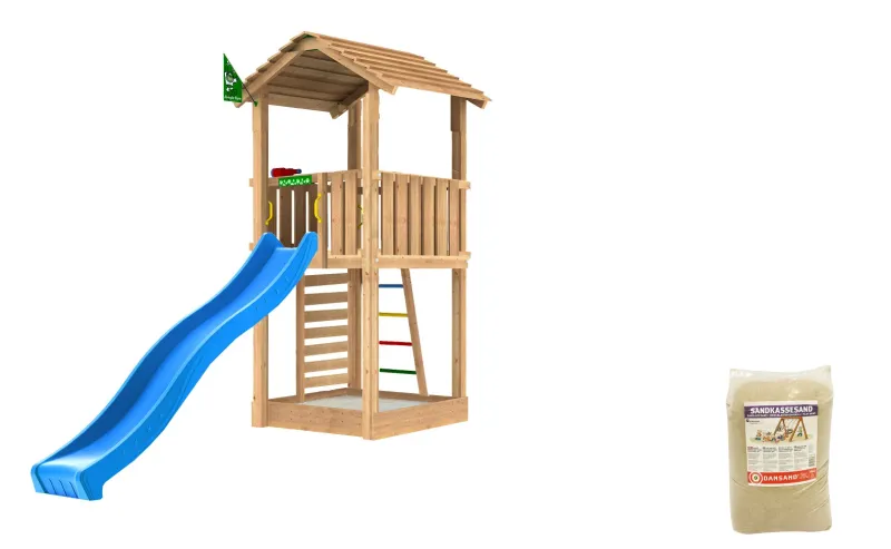 Jungle Gym - Legetårn Jungle Gym Cottage 2.1 m/blå rutschebane og 120 kg sand