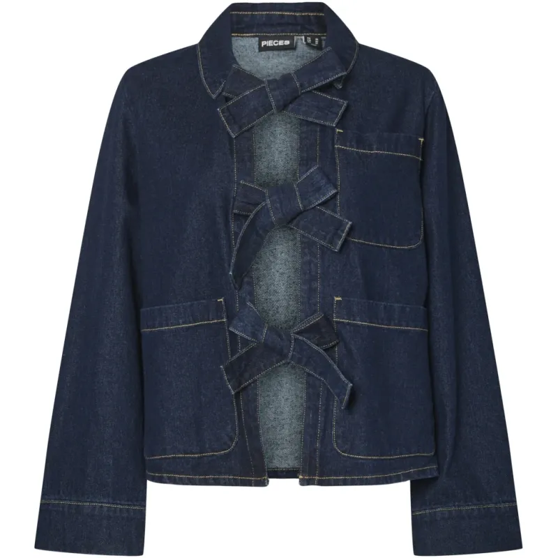 PIECES dame skjorte PCOFELIA - Medium Blue Denim Black satin bow