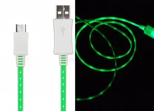 LED lys MICRO-USB / USB Opladekabel. 1 m. Grøn.