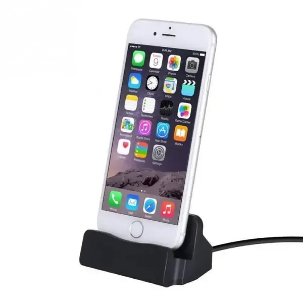 iPhone dock & iPad Mini dock. Flot bordlader. Sort.