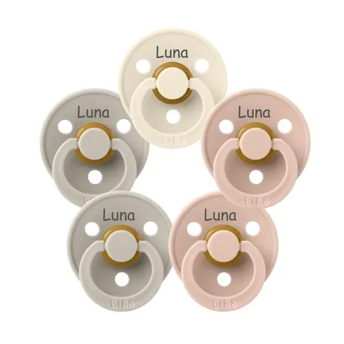 Bibs Colour, Str. 2 (6+ Mdr.), Symmetrisk - Latex, Sutter Med Navn , 5-pak