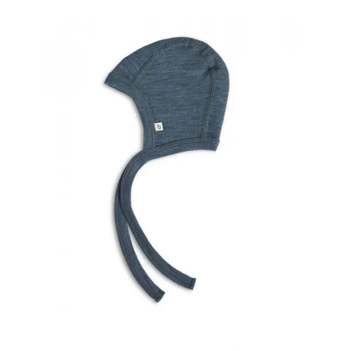 Baby Hjelm Med Snor I 100% Økologisk Merino Uld, Tyk Kvalitet - 2 Lag Stof 62/68 Blue Melange