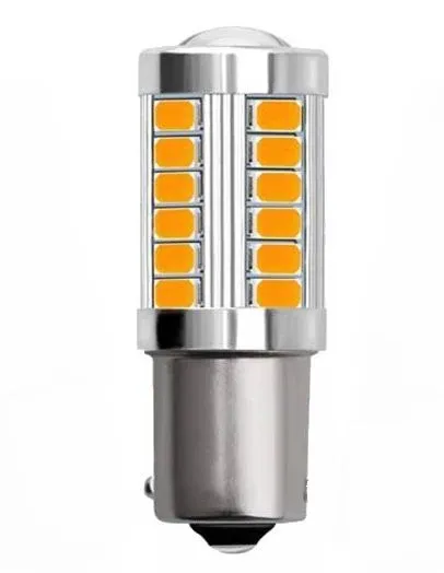 UDSALG - BAU15S LED pære med projektor linse - GUL - 12v - Dinled - Auto pærer