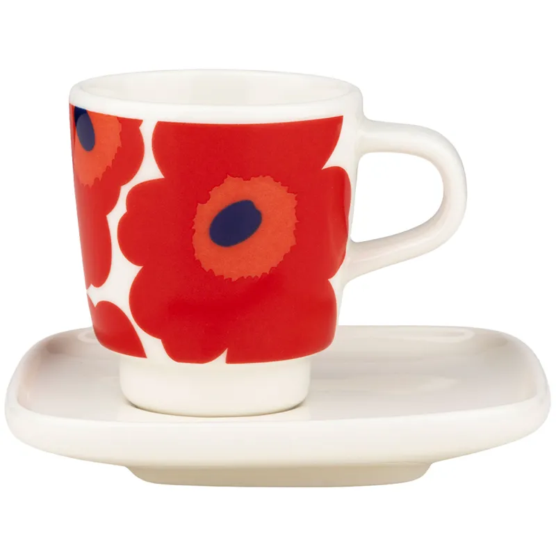 Marimekko Unikko espressokop + underkop 0,5 dl, rød/hvid/blå