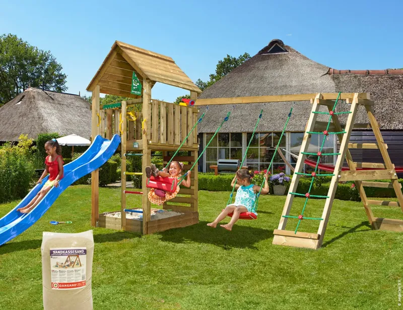 Jungle Gym - Legetårn Cabin 2.1 m/2-Climb Module 220, blå rutsjebane og 120 kg sand