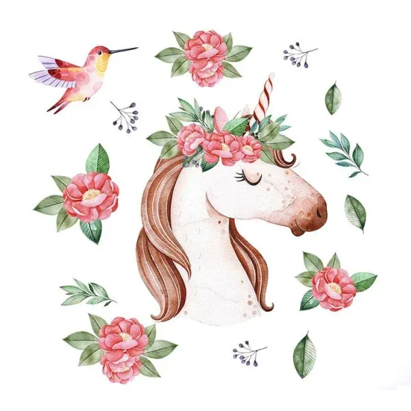 Flot wallsticker med Enhjørning, kolibri og masser af blomster.