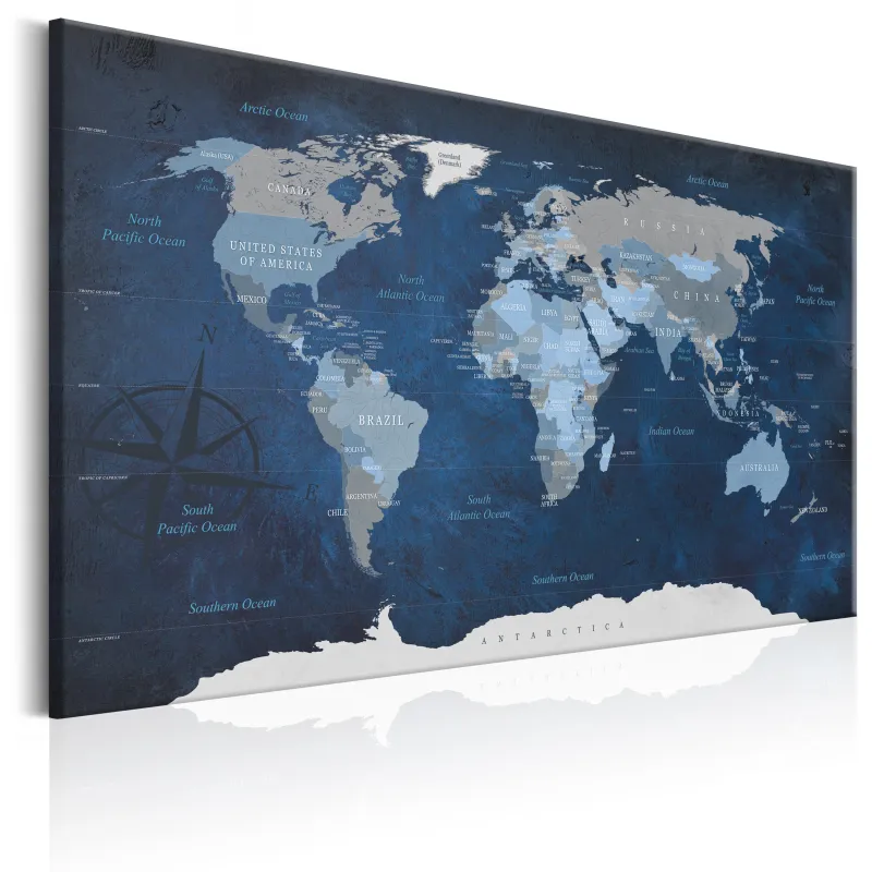 ARTGEIST Dark Blue World - Blå verdenskort med kompas trykt på lærred - Flere størrelser 120x80