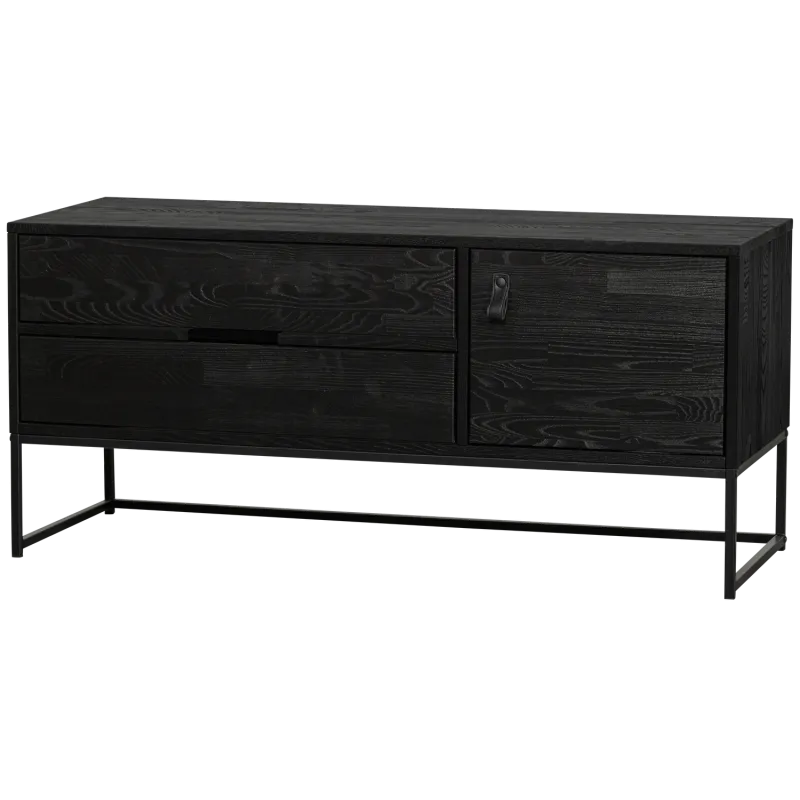WOOOD Silas TV-bord, m. 1 låge, 1 hylde og 2 skuffer - sort fyrretræ og sort metal (120x44)