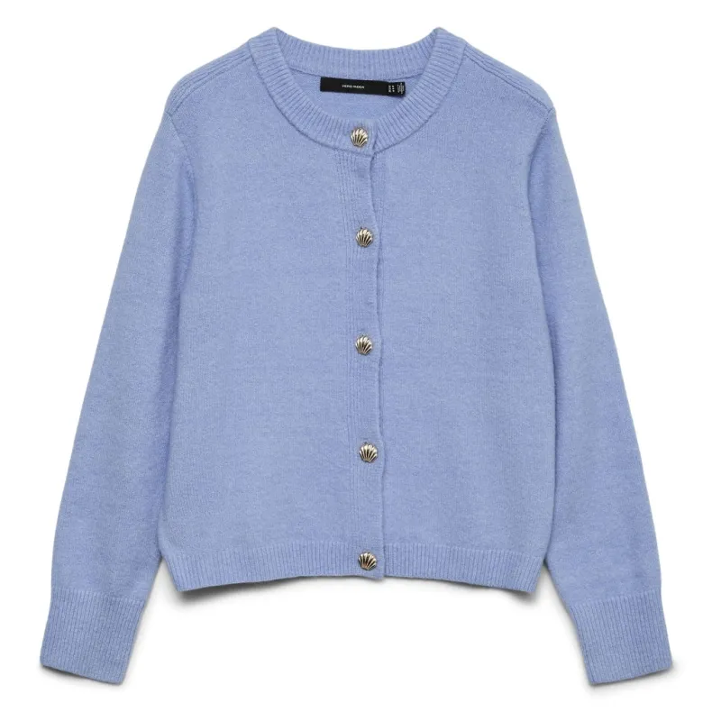 VERO MODA dame cardigan VMFIONA - Brunnera Blue MELANGE W. GOLD SEASHELL BUTTON