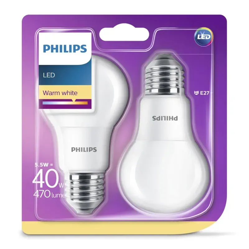 Philips LED Plast 40W  standard  varm hvid   mat  E27  ikke dæmpbar  2 stk - 8718696576854
