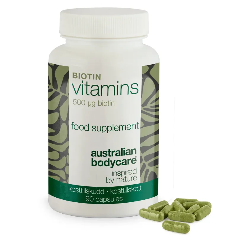 Biotin 500 Âµg  -  kosttilskud med vitamin B7  -  90 stk. â Biotin 500 Âµg med vitamin B7  -  90 tabletter til hud, hår og slimhinder. Indeholder biotin, Medicago sativa og vegetabilsk cellulose.