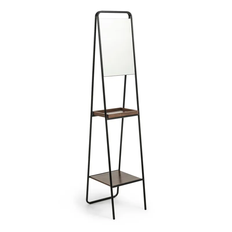 KAVE HOME Benji gulvspejl - sort/brun/glas - metal/valnøddefinér/spejlglas, m. 2 hylder