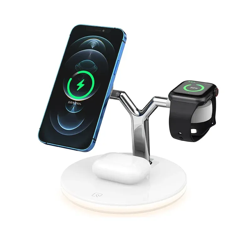 3-i-1 Magnetisk Trådløs Oplader Dock til iPhone, AirPods Pro, Apple Watch mm. 15W. Hvid.