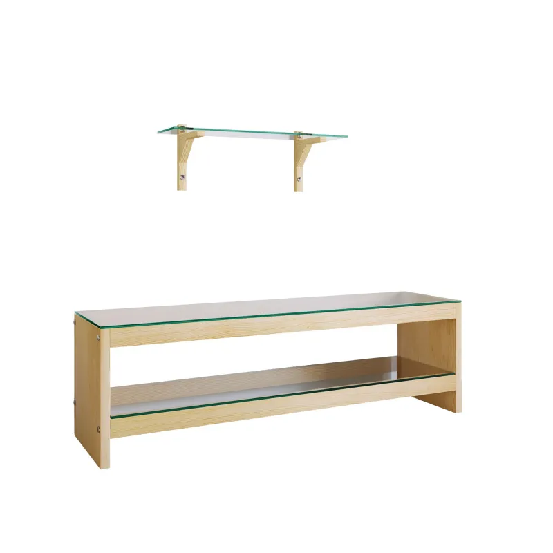 NORDVÄRK TV302 TV-bord, m. 1 væghylde og 1 hylde - glas og natur fyrretræ (140x40)