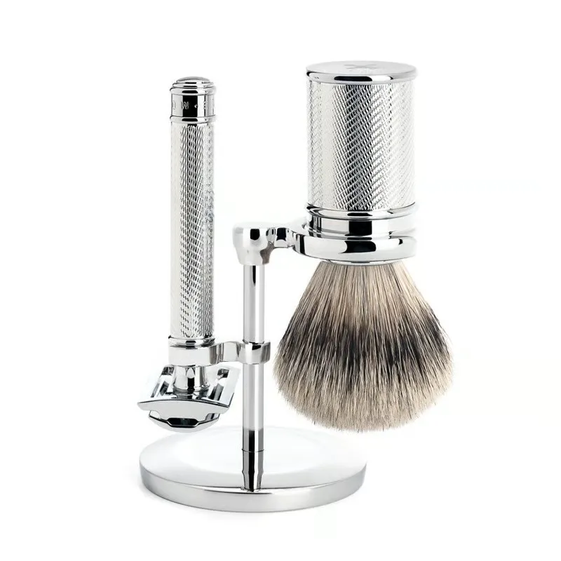 Mühle Barbersæt M. DE-skraber, Silvertip Badger + Holder (Sølv)
