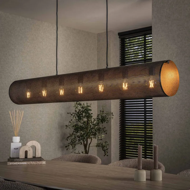 Rollo - Loftlampe i cylinderformet sort perforeret metal, længde 145 cm. Levering