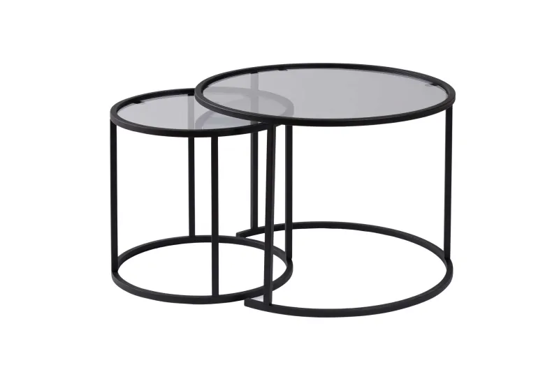 NORDVÄRK Aurum sofabordssæt, rund - grå glas og sort metal (Ø60, Ø42) (Sæt med 2)